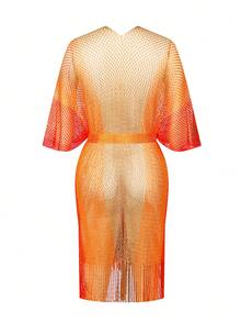 Swim SXY 女士彩色渐变高开衩长流苏网纱系带性感和服罩衫泳衣，适合春、夏、秋季海滩度假 - 彩色 - 查看 6