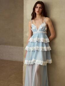 PREMIUM 2026 SUMMER WOMEN'S SPAGHETTI STRAP TIERED LACE FLORAL LONG DRESS - Blue - View 6