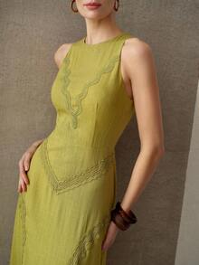 MOTF PREMIUM 2026 SUMMER NEW ARRIVAL FRENCH ELEGANT LINEN FLORAL PRINT SLEEVELESS A-LINE MIDI DRESS FOR WOMEN - Avocado Green - View 2