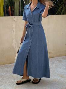 DAZY Women's Collared Belted Short Sleeve Casual Denim Dress - Medium Wash - View 3