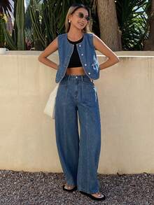 DAZY 女士圆领无袖牛仔背心和筒状牛仔裤休闲牛仔套装 - 中等水洗藍 - 查看 3
