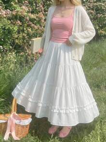 女童白色伞裙，蓬松裙摆，长款，简约日式风格，优雅荷叶边裙摆，百搭A字裙 - 白色 - 查看 3