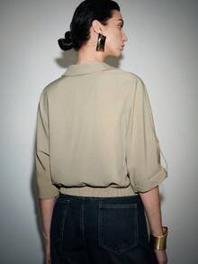 Lumivelle Women's Elegant Commuter Textured Mid-Sleeve Shirt, Summer - Khaki - View 2