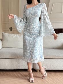 DAZY Women's Elegant Lace Asymmetric Ruched Long Dress, Spring/Summer Sundress - Baby Blue - View 5