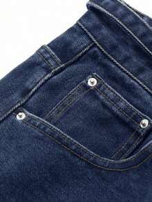 Dazy-Less Women's Vintage Washed Raw Color Casual Straight Leg Jeans With Drawstring Waist, Suitable For Autumn And Spring - Dark Wash - View 6