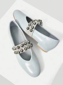 MOTF PREMIUM WOMEN ROUND TOE BALLET FLATS, ELASTIC PEARL DECOR CASUAL COMFY ELEGANT FASHIONABLE SHOES, SUITABLE FOR SPRING, SUMMER, AUTUMN - Baby Blue - View 2