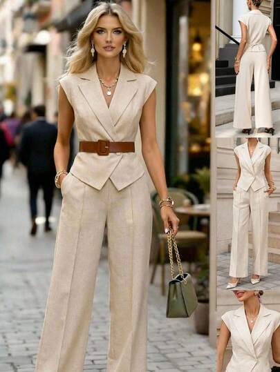 Editum Bộ đồ nữ thanh lịch mới gồm áo blazer cổ bẻ và quần ống rộng, màu trơn, chất liệu mềm mại như vải lanh, phù hợp cho đi làm hàng ngày và nhiều dịp khác nhau. Bộ đồ công sở nữ, bộ vest nữ thanh lịch, trang phục công sở nữ, bộ đồ màu kem, bộ vest nữ.