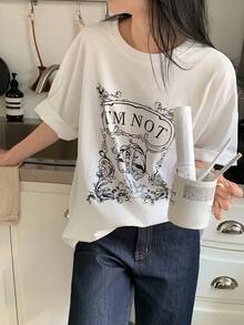 DAZY Women's Round Neck Printed Casual Short Sleeve T-Shirt - White - View 4