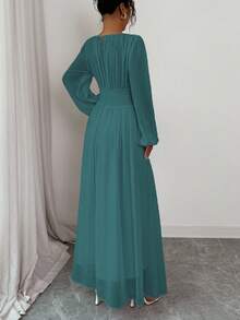 Elenzga 女士春夏法式浪漫西西里优雅休闲通勤度假下午茶派对圆领褶皱腰抽绳A字弹力腰长袖连衣裙 - 水鴨藍 - 查看 2