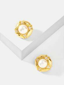 MOTF PREMIUM 铜合金仿珍珠耳环，镀18K金耳钉，高贵气质，时尚复古欧美风格 - 金色 - 查看 6