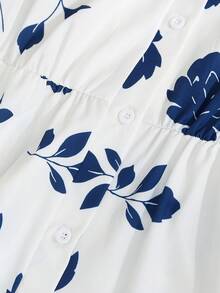 Franclia Đầm dài nữ màu xanh dương in hoa, kiểu dáng tối giản, cổ tròn, eo thon, thích hợp cho kỳ nghỉ. - Xanh và trắng - Xem 5