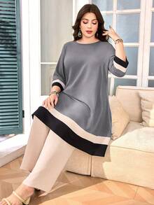 Lacomfia Plus Size Casual Commuter Color Block Patchwork Top And Pants 2 Pieces Set - Light Grey - View 1