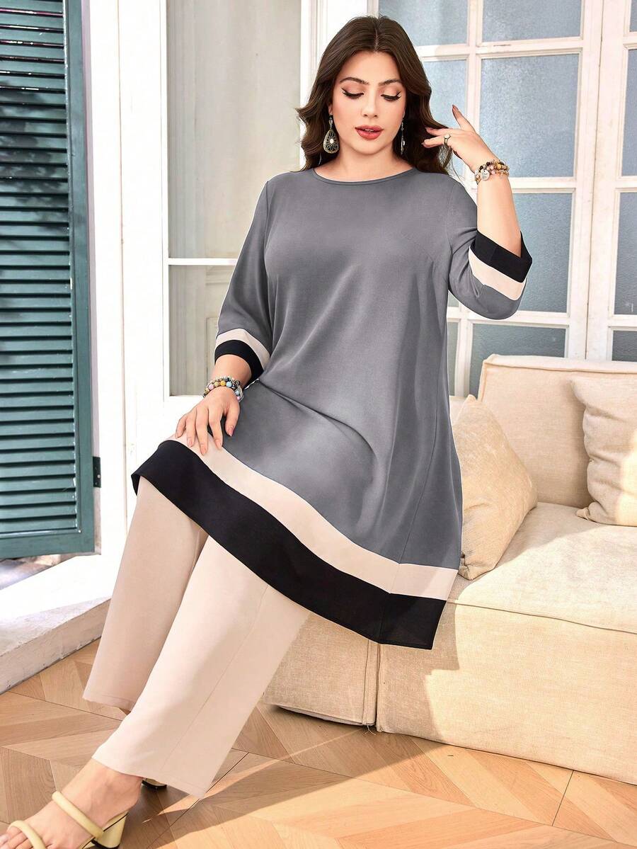 Lacomfia Plus Size Casual Commuter Color Block Patchwork Top And Pants 2 Pieces Set - Light Grey - View 1
