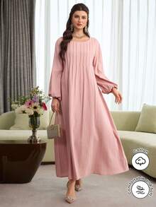 Al Najma 粉色条纹优雅长袖中长连衣裙 - 粉色 - 查看 3