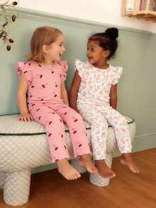 2件套可爱女婴夏季系列设计，粉色樱桃印花搭配白色春季碎花，荷叶边袖口短袖长裤睡衣套装 - 彩色 - 查看 8