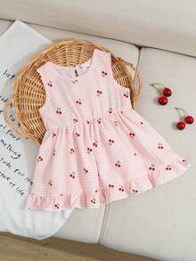 SHEIN Playful Pals 女婴格子樱桃印花连衣裙，夏季彩色条纹连衣裙，柔和的扎染色调，甜美气息，经典条纹图案简约时尚，背部蝴蝶结装饰俏皮吸睛，宽松舒适，适合户外散步、居家休闲、亲子出游、派对和其他欢乐场合。 - 粉色 - 查看 8