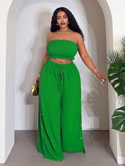 Slaydiva Plus Size Elegant Commute & Casual Linen 2 Pieces Set, Suitable For Birthday Party, Graduation, Daily Wear, Vacation, Cruise Travel, Beach, Sunbathing, Business Casual, Minimalist, Relaxed, Holiday, Outgoing Women - Green