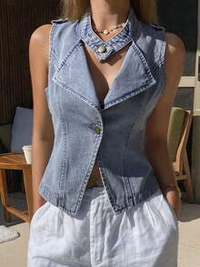 DAZY Chaqueta y chaleco de mezclilla casual sin mangas con cintura ajustada para mujer - Lavado ligero - Ver 7