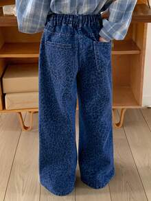 Hapijoa 少女豹纹口袋阔腿宽松休闲牛仔裤 - 藍色 - 查看 2