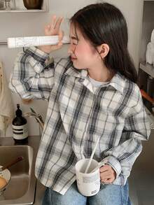 Dazy Kids 少女格子长袖单排扣休闲衬衫 - 黑與白 - 查看 9