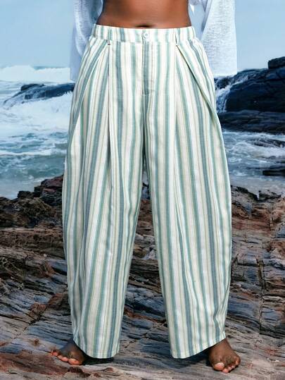 LYSMO Colorful Striped Comfortable Cotton Blend Curved Hem Casual Vacation Wide Leg Pants, Plus Size