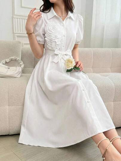 Women's Fashion Elegant White Mid-Length Dress With 3D Floral Decor, Puff Sleeves And Belt, Suitable For Daily, Commute, Casual, Holiday And Travel Wear