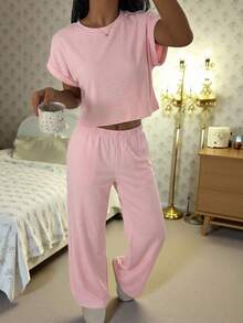 CovetEZ 珊瑚粉色针织女士家居服套装，简约休闲日常上衣和裤子 - 珊瑚粉 - 查看 3
