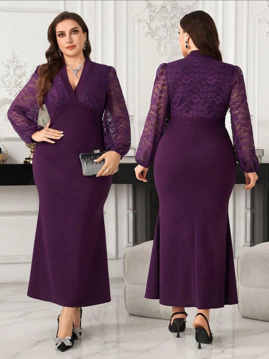 Modelyn Đầm midi dáng rộng, cổ chữ V, phối ren, kiểu dáng thanh lịch dành cho nữ, thích hợp mặc đi làm. - Màu tím - Xem 1