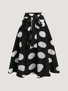Olithes 女士优雅圆点印花系腰 A 字中裙，秋季 - 黑與白 - 查看 1