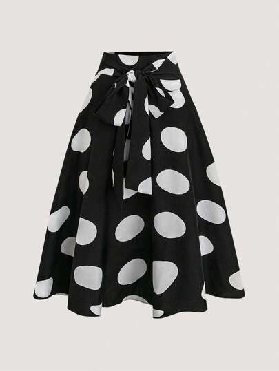 Olithes Chân váy chữ A buộc eo in họa tiết chấm bi thanh lịch cho nữ, mùa thu