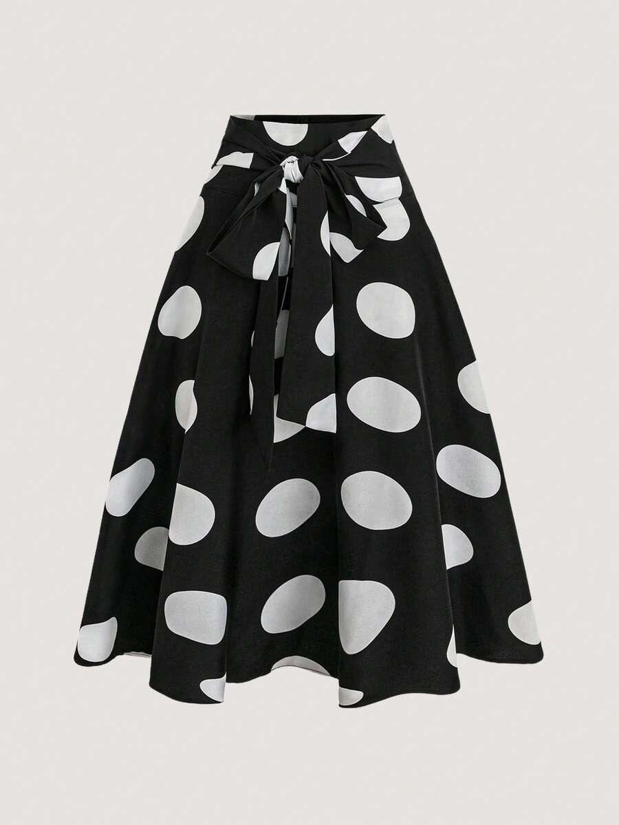 Olithes 女士优雅圆点印花系腰 A 字中裙，秋季 - 黑與白 - 查看 1