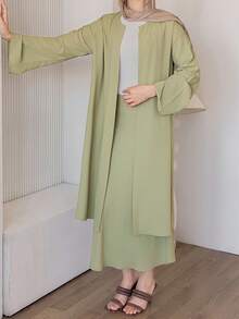 女士优雅纯色半身裙睡袍两件套，春夏女士休闲套装 - 綠色 - 查看 6