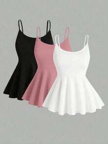 Sweetra 3件套女士黑色、白色和粉色可调节腰围A字吊带背心套装，春夏款 - 彩色 - 查看 1