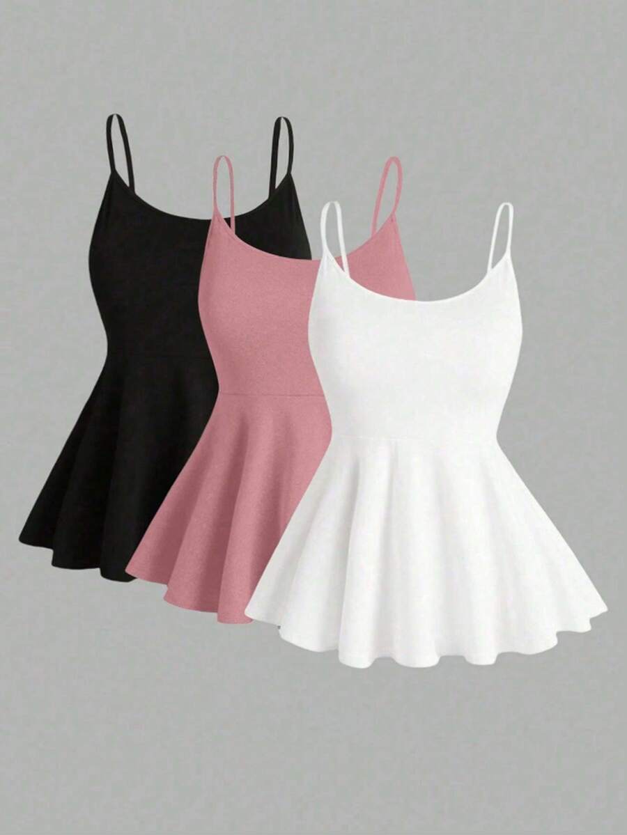 Sweetra 3件套女士黑色、白色和粉色可调节腰围A字吊带背心套装，春夏款 - 彩色 - 查看 1