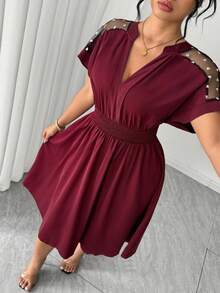 Elenzga Plus Size Women's Elegant Burgundy Summer Midi Dress,V-Neck Short Sleeve Heart Mesh,Waist Cinched A-Line Chiffon Casual Dress For Party,Wedding,Work - Red - View 5
