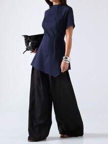 LYSMO 女士纯色短袖立领前开襟休闲薄外套 - 藏蓝色 - 查看 7