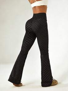 Core Rhythm Women's Regular Waist Black Polka Dot Print Flared Pants, Suitable For Daily Casual Wear, Running, Yoga, Gym, Tennis, Golf And Other Sports Activities, Autumn/Winter - Multicolor - View 4