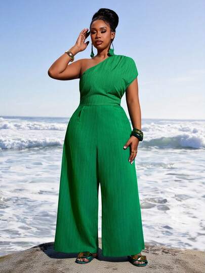 Veslaya Mono holgado de unicolor con hombros oblicuos y pliegues de moda para tallas grandes