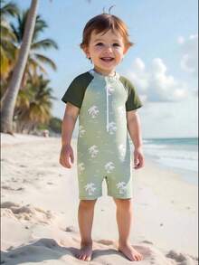 男婴连体泳衣，绿色休闲棕榈树印花，活泼好动，适合戏水、度假、游泳池、夏季拍照、礼物 - 綠色 - 查看 1