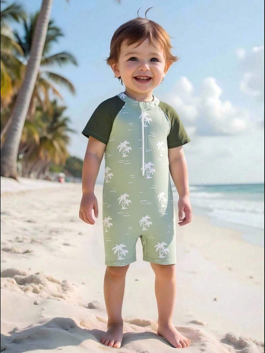 男婴连体泳衣，绿色休闲棕榈树印花，活泼好动，适合戏水、度假、游泳池、夏季拍照、礼物 - 綠色 - 查看 1