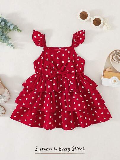 Cozy Pixies Vestido de fiesta para bebé/niña pequeña con volantes y lunares rojos, estilo veraniego