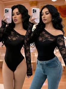 Rafferiza 蕾丝性感不对称露肩长袖，优雅高端黑色连体衣，女士休闲连体衣，女士度假装，女士优雅沙滩泳衣，嘉年华装，女士黑色连体衣 - 黑色 - 查看 1