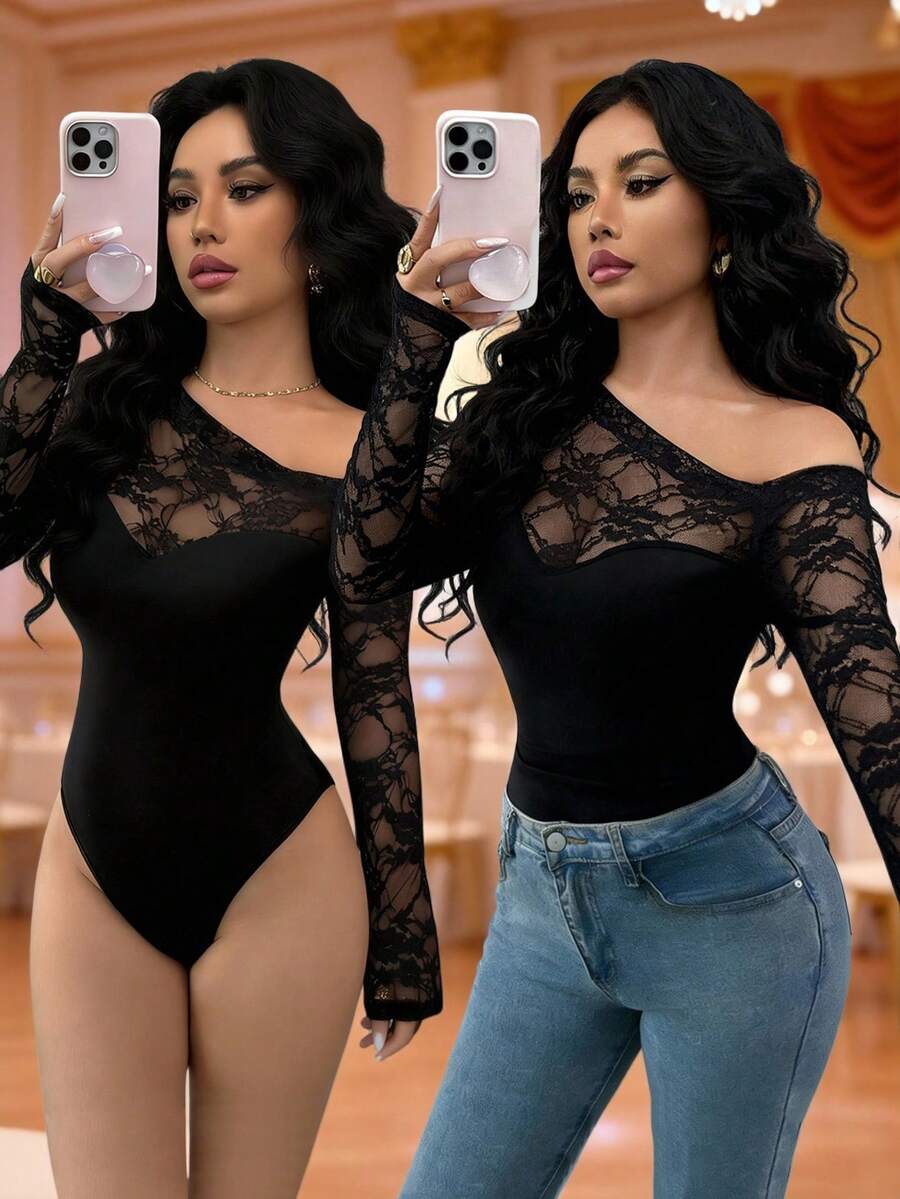 Rafferiza 蕾丝性感不对称露肩长袖，优雅高端黑色连体衣，女士休闲连体衣，女士度假装，女士优雅沙滩泳衣，嘉年华装，女士黑色连体衣 - 黑色 - 查看 1