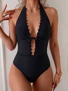 Bonvoyette 女士纯色休闲度假连体泳衣 - 黑色 - 查看 4