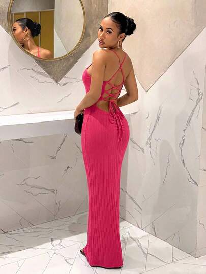 Slaydiva 2026 Spring/Summer New Casual Elegant Date Slim Fit Solid Color Rose Red Ribbed Knit Spaghetti Strap, Backless, Cross-Strap Lace-Up Women Long Dress . Suitable For Everyday Wear, Parties, Back To School, Dates, Afternoon Tea, Vacations, Valentine's Day, Brunch, Airport Outfits, Casual, Sporty,Wedding Guest Attire-A