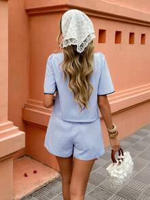 Selianne Bộ trang phục thường ngày cho nữ, cỡ tiêu chuẩn, cổ vuông, viền bèo, thích hợp cho kỳ nghỉ xuân/hè. - Màu xanh lam - Xem 2