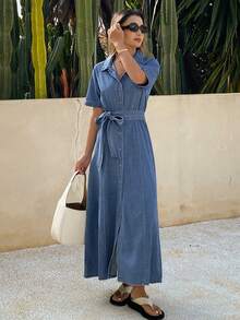 DAZY Women's Collared Belted Short Sleeve Casual Denim Dress - Medium Wash - View 4