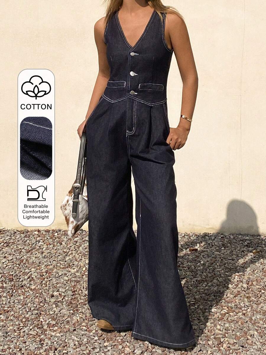 DAZY Mono de pierna recta y holgada con cuello en V y sin mangas, estilo casual de ciudad para mujer - Azul lavado oscuro - Ver 1