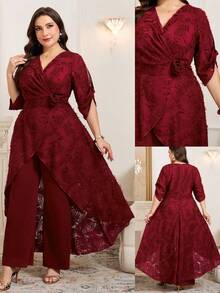 Reflora Plus Size Burgundy Elegant Wedding Jumpsuits For Women,Winter Crossover Wrap Ruched Waist Floral Decor Mid-Rise Jumpsuit, Party Outfits - Burgundy - View 1