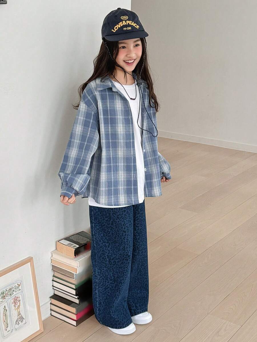 Dazy Kids Áo sơ mi dài tay kẻ caro cài một hàng khuy kiểu dáng thường ngày cho bé gái tuổi teen mùa hè - Màu xanh nhạt - Xem 1